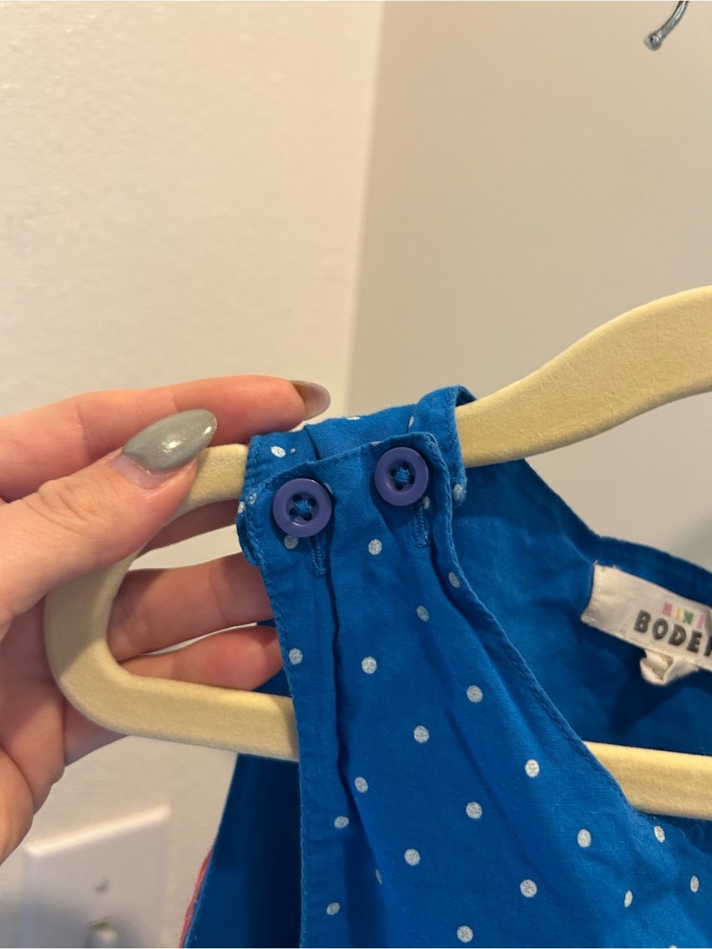 Mini Boden Kids' Dot Print Embellished Cutout Cotton Dress in Blue with Rainbow - Picture 7 of 8
